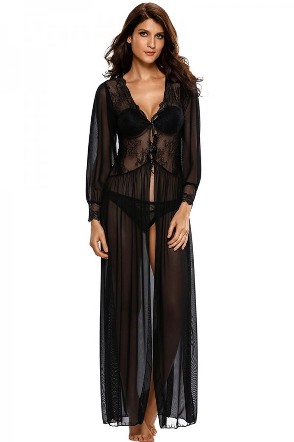 Concealed Lace Sleeves Neckline Sheer Robe / Long Scalloped WMNS - and Silk lulu brand